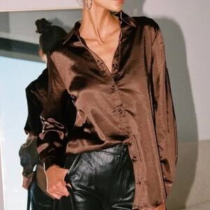 Princess Polly Chocolate Satin Button Down Shirt